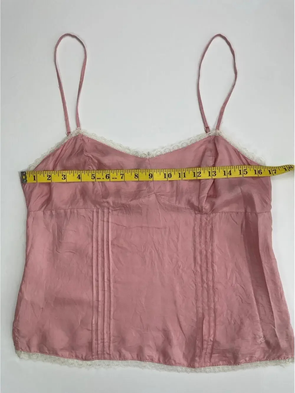 American Eagle 100% Silk Camisole Top 12 Pink Lace Trim Pintuck Boho Romantic - Picture 6 of 7